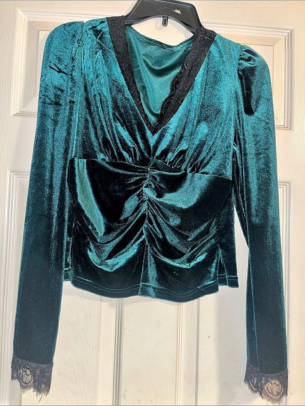 SHEIN Green Velvet Lace Trim Ruched Blouse